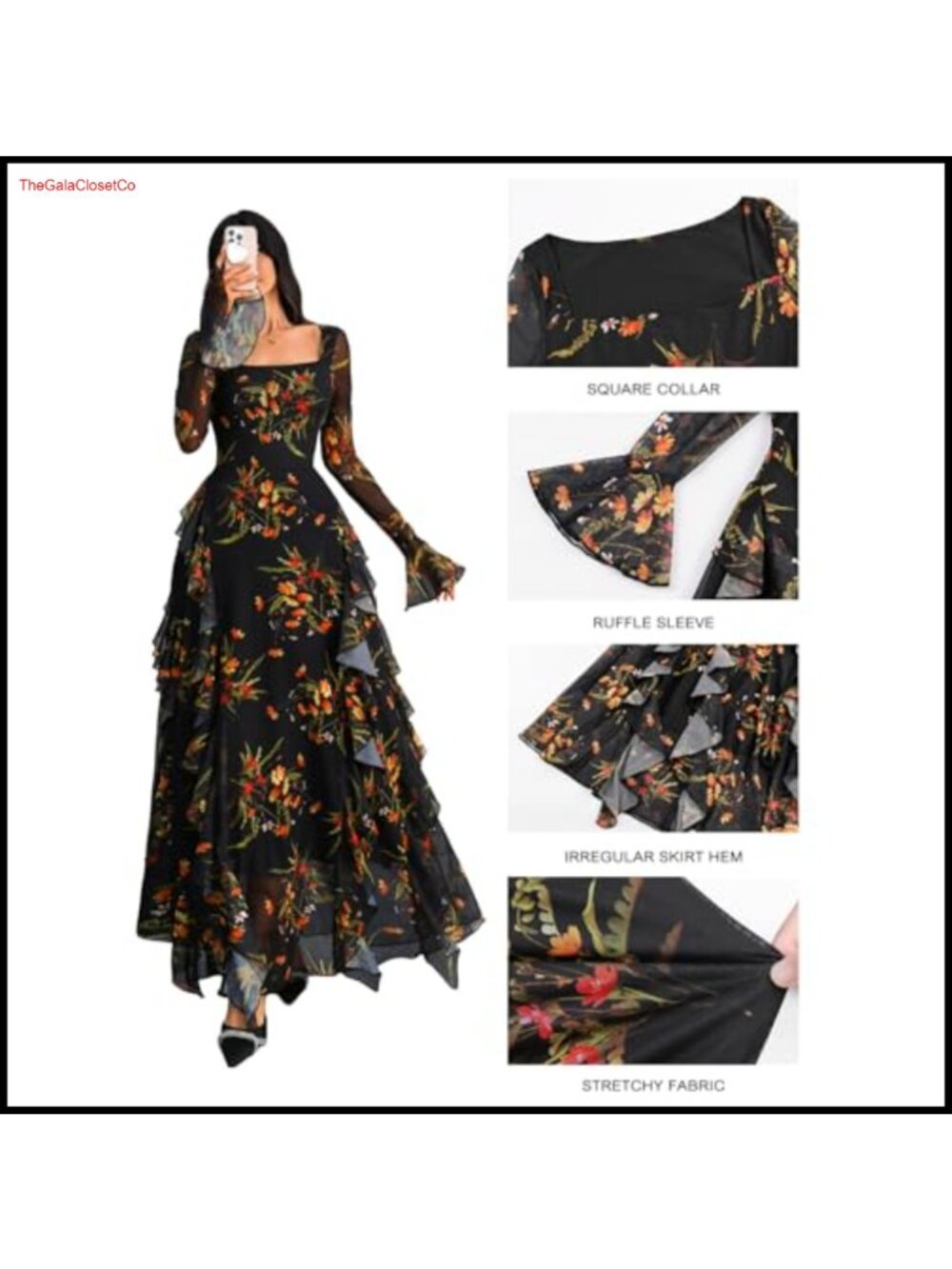 Women's Floral Maxi Dress Long Sleeve Square Neck Ruffle Formal Party - Picture 6 of 6